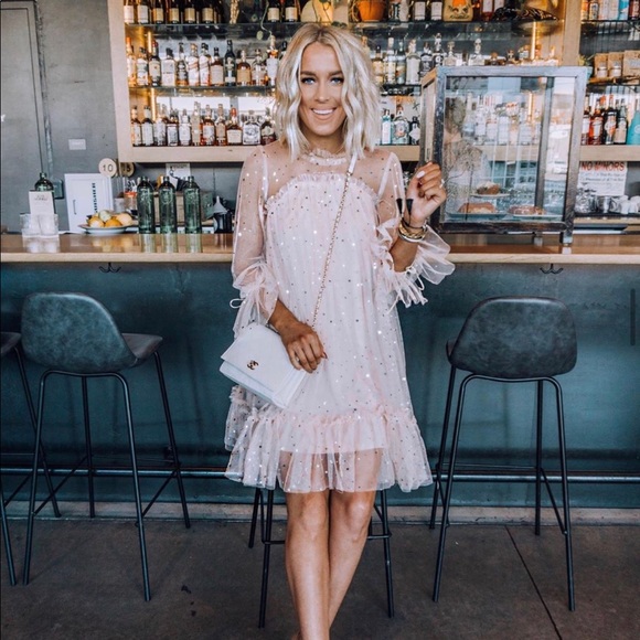 flounce sleeve frill trim star sequin mesh dress